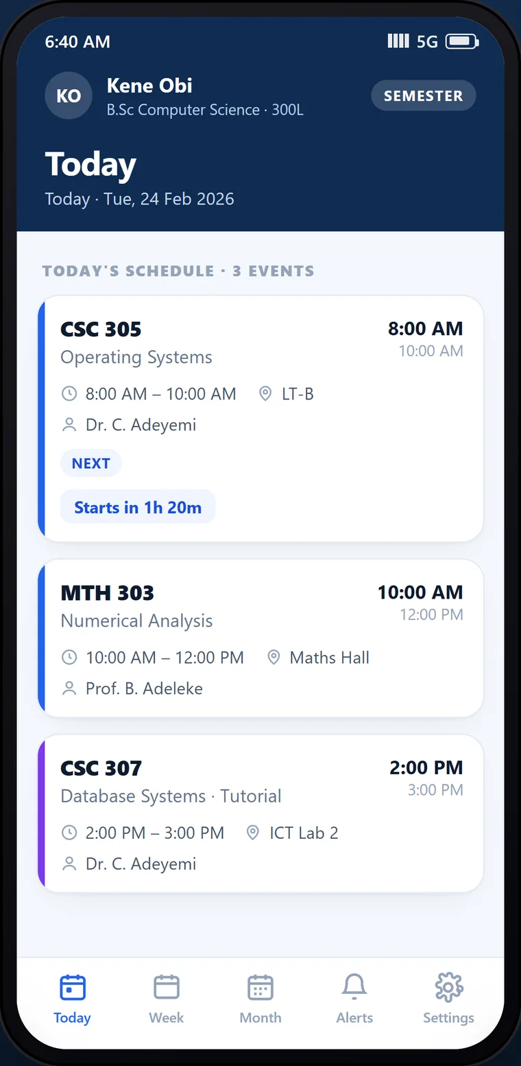 Timetable companion showing today's lectures with venues and times.