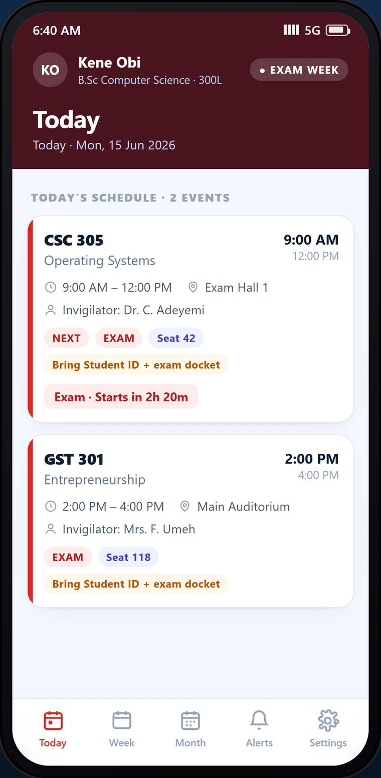 Timetable companion in exam week mode, highlighting examination sittings.