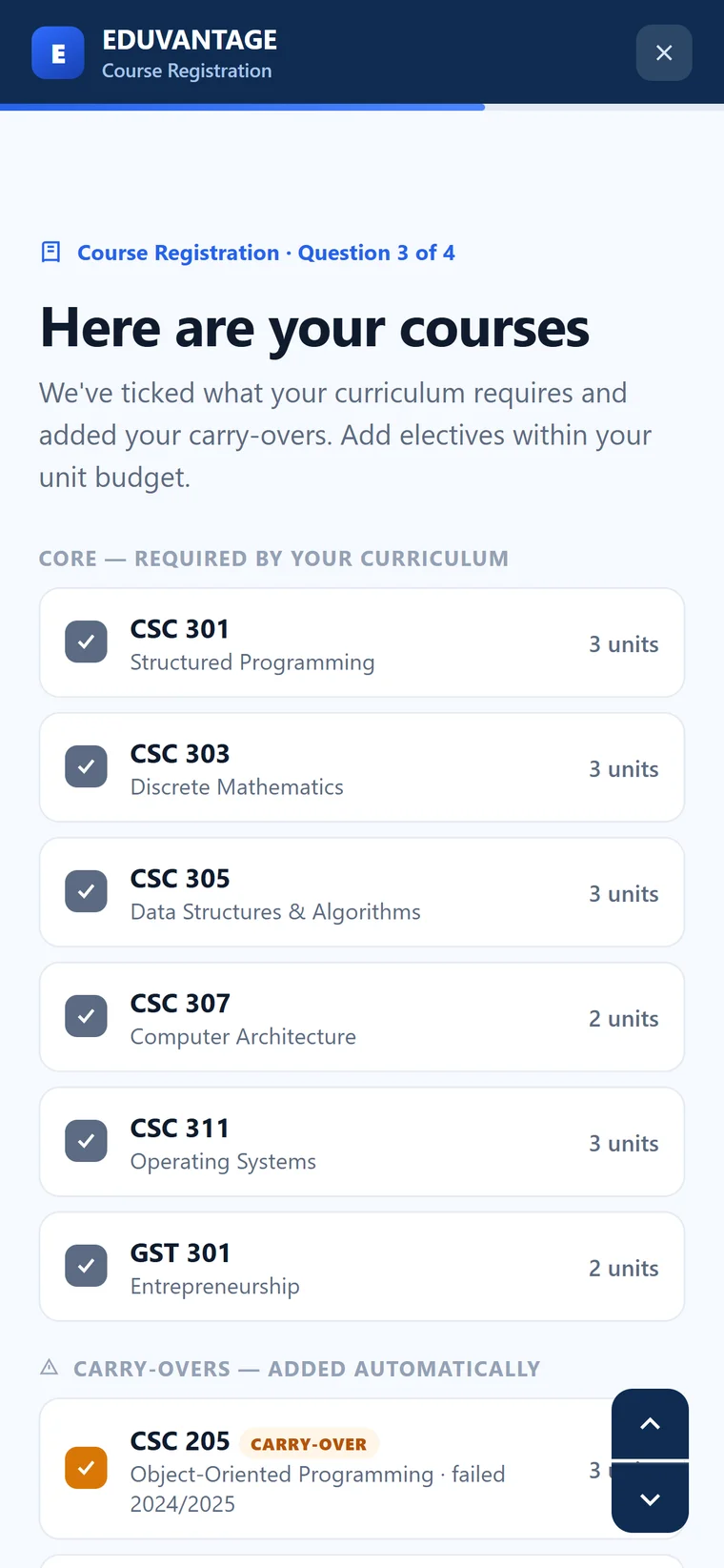 Smart Forms course registration confirming pre-filled courses and adding electives.