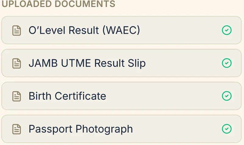 Uploaded credentials list with O'Level result, JAMB UTME slip, birth certificate and passport photograph, each carrying a green verified mark.