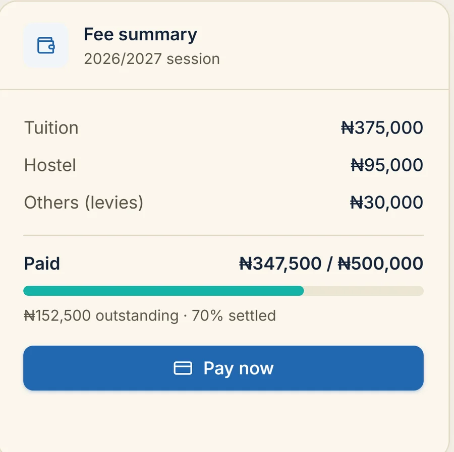 Fee summary showing tuition, hostel and levies against a paid total of 347,500 naira of 500,000, with 152,500 outstanding.