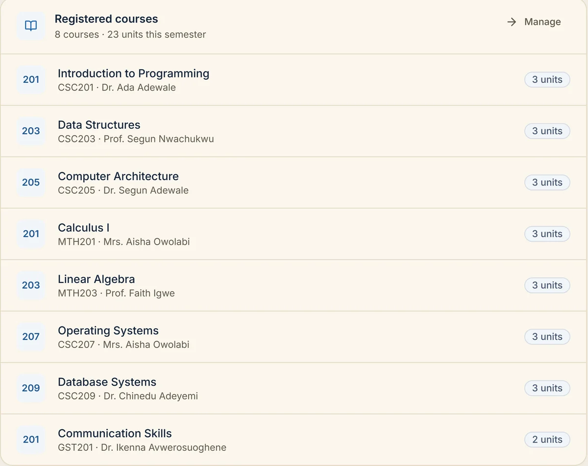 Registered courses list showing three courses totalling nine units this semester.
