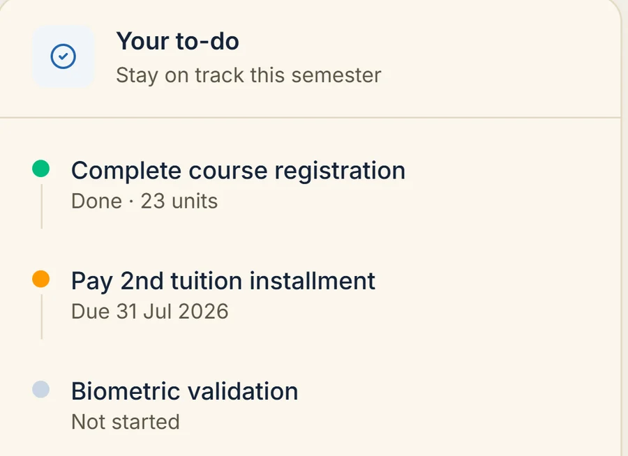 Student to-do list showing registration complete, a second tuition instalment due on 31 July 2026, and biometric validation not started.